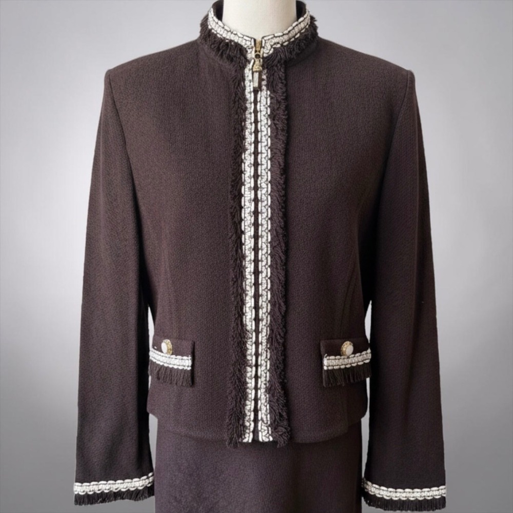 St John Collection Brown Knit Pant Suit Pearl Gold Trim 16